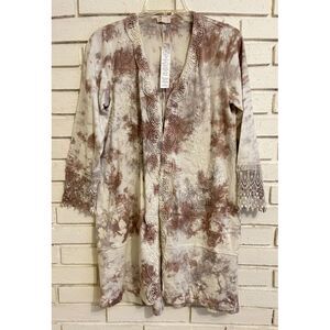 LOGO Lavish Lori Goldstein‎ Tan Tie Dye Lace Trim Embroidered Cardigan Size XXS